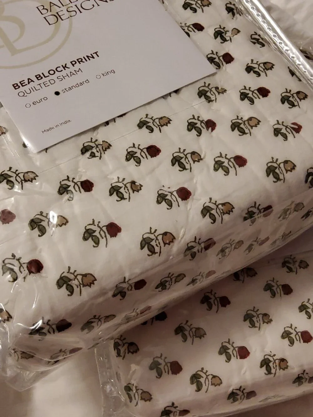 Ballard Designs Bea Block Print Quilted Shams in Cream with Green & Brown Floral